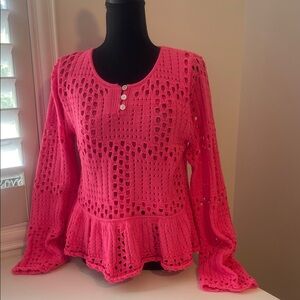 DAVI & DANI Vibrant Pink Henley Crochet Sweater
